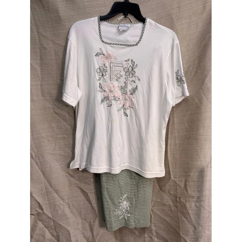 BonWorth 3 Piece Set Sage Green Gingham Embroidered Shirt Pants Top XL